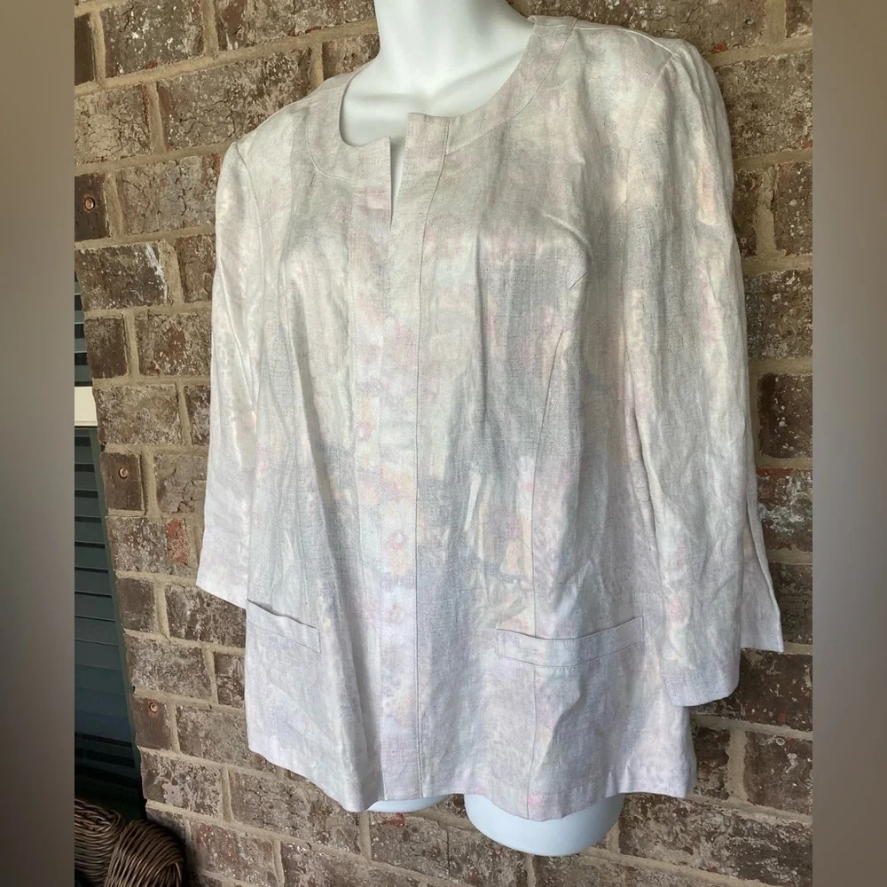 Chico’s Linen Open Front Blazer Size L hints green pink 3/4 sleeve Minimalist
